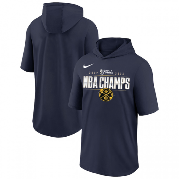 Men Denver Nuggets Navy 2023 Champions Performance Short Sleeve Pullover Hoodie