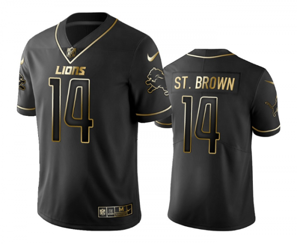 Men Detroit Lions #14 Amon-Ra St. Brown Black Gold Edition Stitched Jersey