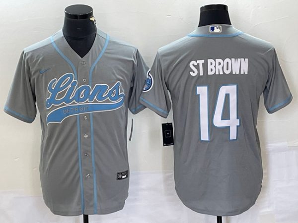 Men Detroit Lions #14 Amon-Ra St. Brown Gray Cool Base Stitched Baseball Jersey