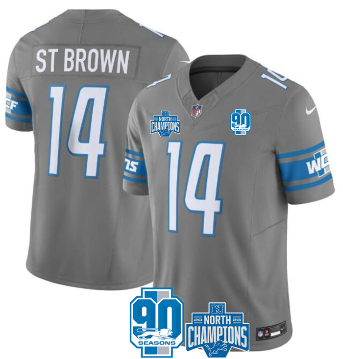 Men Detroit Lions #14 Amon-Ra St. Brown Grey 2023 F.U.S.E. 90th Anniversary NFC North Division Champions Vapor Untouchable Limited Stitched Jersey