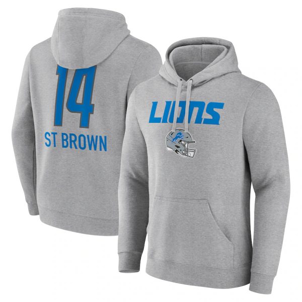 Men Detroit Lions #14 Amon-Ra St. Brown Heather Gray Team Wordmark Player Name & Number Pullover Hoodie