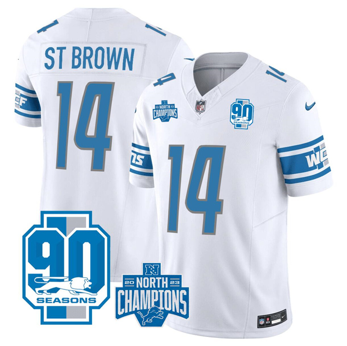 Men Detroit Lions #14 Amon-Ra St. Brown White 2023 F.U.S.E. 90th Anniversary NFC North Division Champions Vapor Untouchable Limited Stitched Jersey