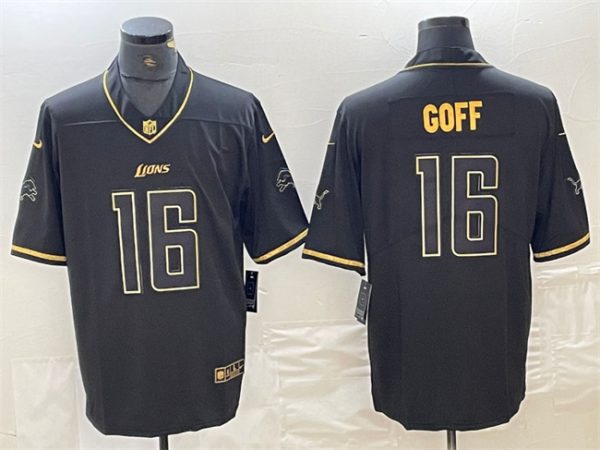 Men Detroit Lions #16 Jared Goff Black Gold Edition Stitched Jersey