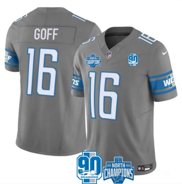 Men Detroit Lions #16 Jared Goff Grey 2023 F.U.S.E. 90th Anniversary NFC North Division Champions Vapor Untouchable Limited Stitched Jersey