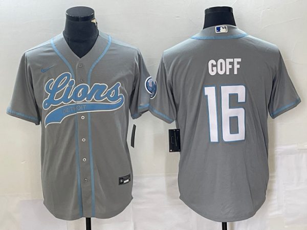 Men Detroit Lions #16 Jared Goff Grey Cool Base Stitched Baseball Jersey