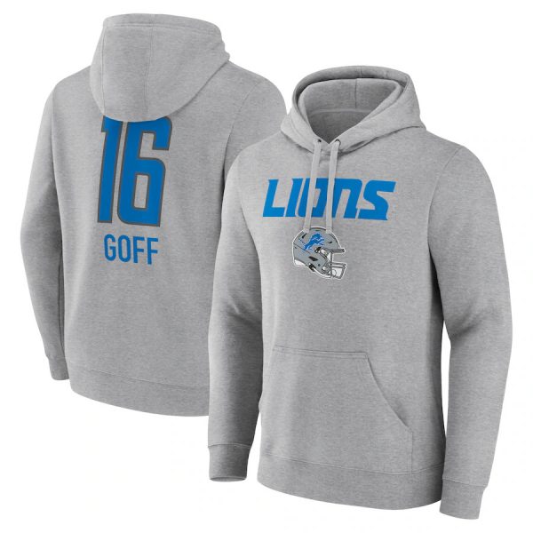 Men Detroit Lions #16 Jared Goff Heather Gray Team Wordmark Player Name & Number Pullover Hoodie