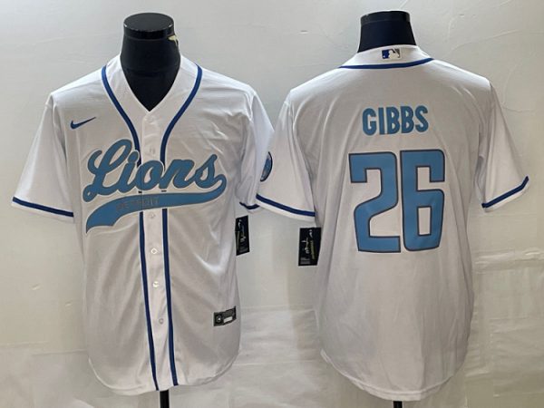 Men Detroit Lions #26 Jahmyr Gibbs White Cool Base Stitched Baseball Jersey