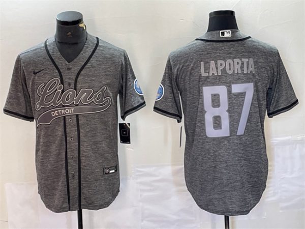 Men Detroit Lions #87 Sam LaPorta Grey Cool Base Stitched Baseball Jersey