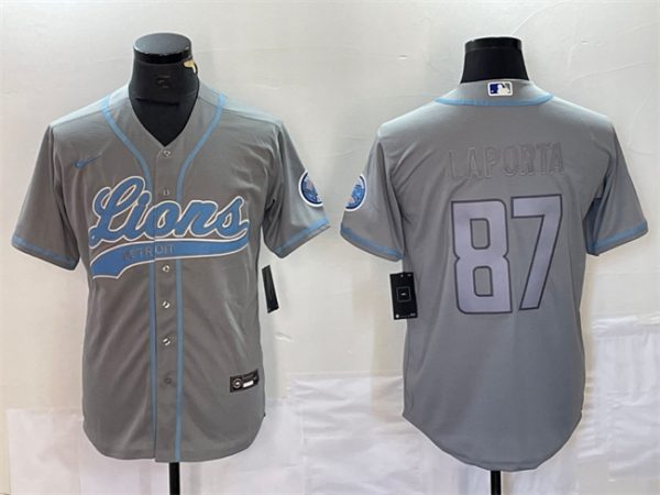 Men Detroit Lions #87 Sam LaPorta Grey Cool Base Stitched Baseball Jersey