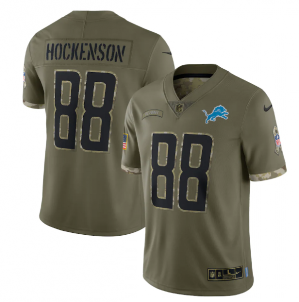 Men Detroit Lions #88 T. J. Hockenson Olive 2022 Salute To Service Limited Stitched Jersey