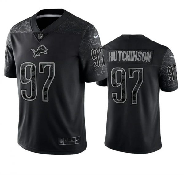 Men Detroit Lions #97 Aidan Hutchinson Black Reflective Stitched Jersey