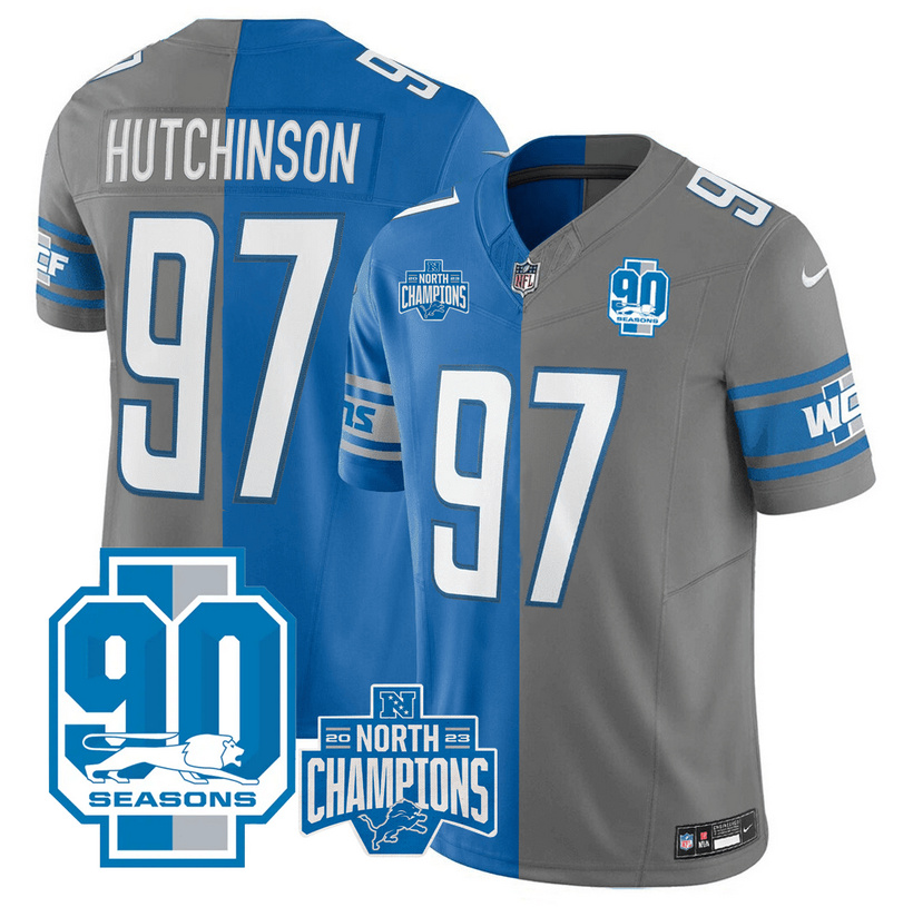 Men Detroit Lions #97 Aidan Hutchinson Bllue/Grey Spilte 2023 F.U.S.E. 90th Anniversary NFC North Division Champions Vapor Untouchable Limited Stitched Jersey