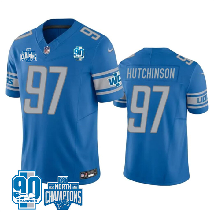 Men Detroit Lions #97 Aidan Hutchinson Blue 2023 F.U.S.E. 90th AnniversaryNFC North Division Champions Vapor Untouchable Limited Stitched Jersey