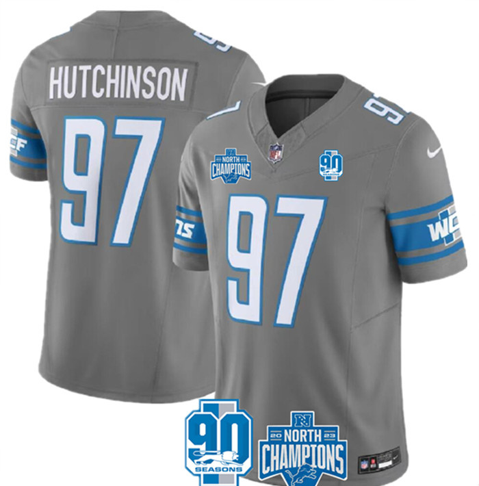 Men Detroit Lions #97 Aidan Hutchinson Grey 2023 F.U.S.E. 90th Anniversary NFC North Division Champions Vapor Untouchable Limited Stitched Jersey