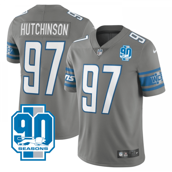 Men Detroit Lions #97 Aidan Hutchinson Grey 90th Anniversary Vapor Untouchable Limited Stitched Jersey