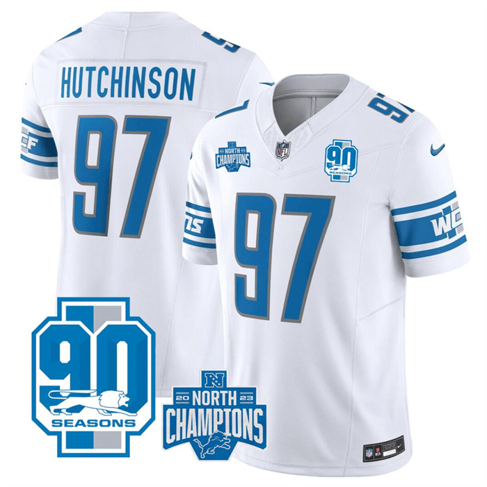 Men Detroit Lions #97 Aidan Hutchinson White 2023 F.U.S.E. 90th Anniversary NFC North Division Champions Vapor Untouchable Limited Stitched Jersey