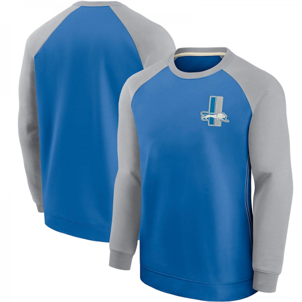 Men Detroit Lions Blue/Grey Historic Raglan Crew Performance Sweater