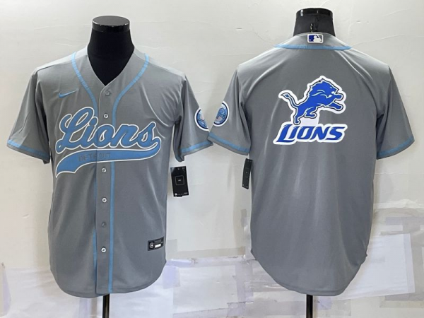 Men Detroit Lions Gray Team Big Logo With Patch Cool Base Stitched Baseball Jersey