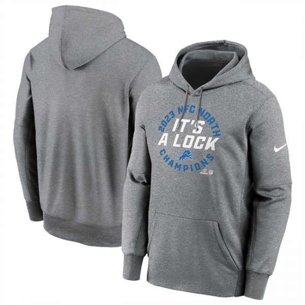Men Detroit Lions Heather Gray 2023 NFC North Division Champions Locker Room Trophy Collection Pullover Hoodie