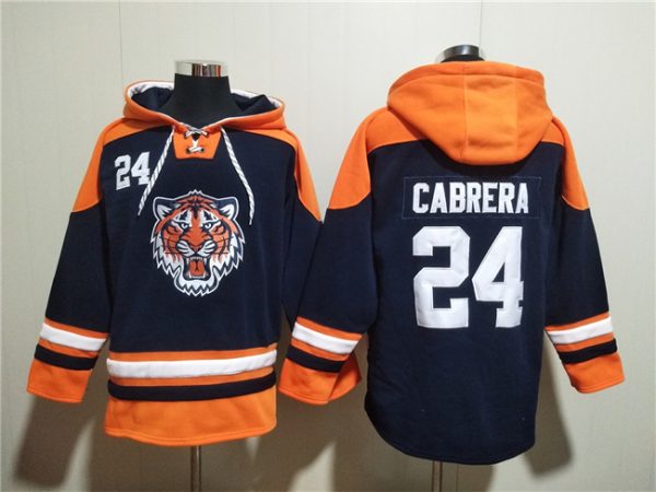 Men Detroit Tigers #24 Miguel Cabrera Navy/Orange Lace-Up Pullover Hoodie