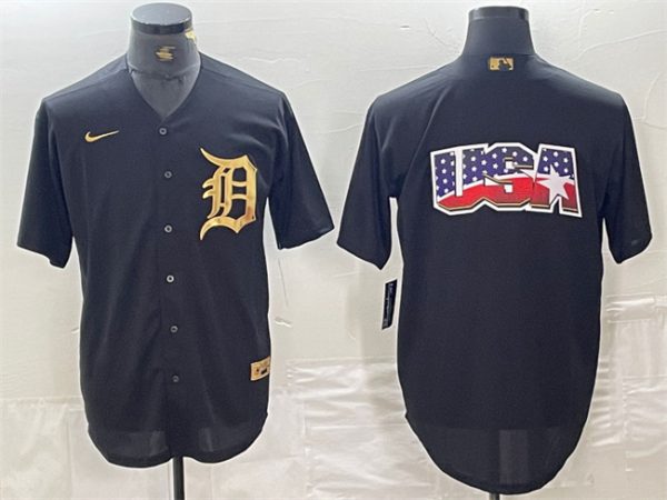 Men Detroit Tigers Black Team Big Logo Cool Base Stitched Baseball Jersey
