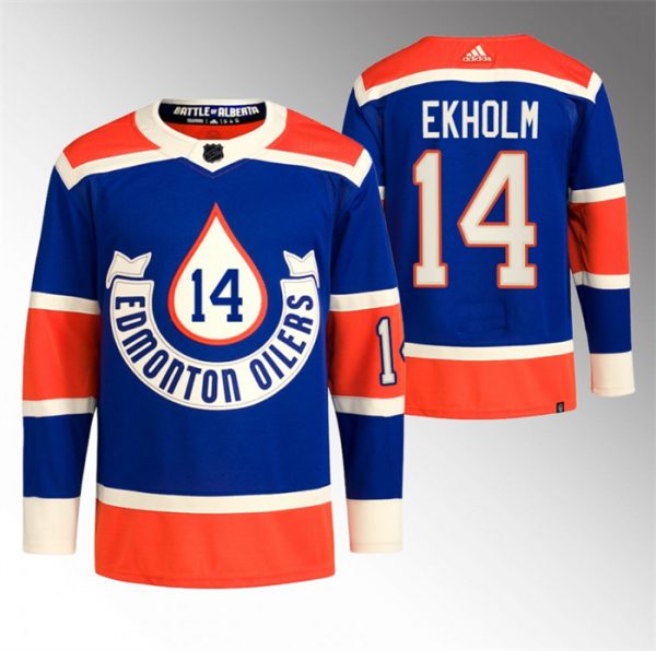 Men Edmonton Oilers #14 Mattias Ekholm 2023 Royal Heritage Classic Primegreen Stitched Jersey