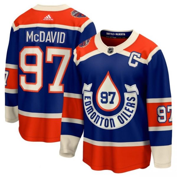 Men Edmonton Oilers #97 Connor McDavid 2023 Royal With Patch Heritage Classic Primegreen Stitched Jersey