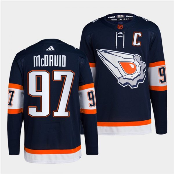 Men Edmonton Oilers #97 Connor McDavid Navy 2022-23 Reverse Retro Stitched Jersey