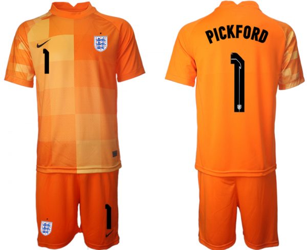 Men England #1 Pickford Orange Goalkeeper Soccer Jersey Suit