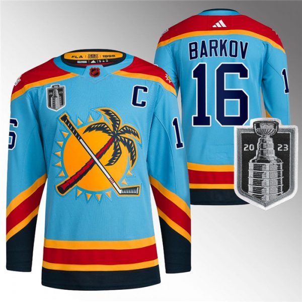 Men Florida Panthers #16 Aleksander Barkov Blue 2023 Stanley Cup Final Reverse Retro Stitched Jersey