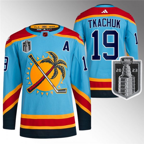 Men Florida Panthers #19 Matthew Tkachuk Blue 2023 Stanley Cup Final Reverse Retro Stitched Jersey