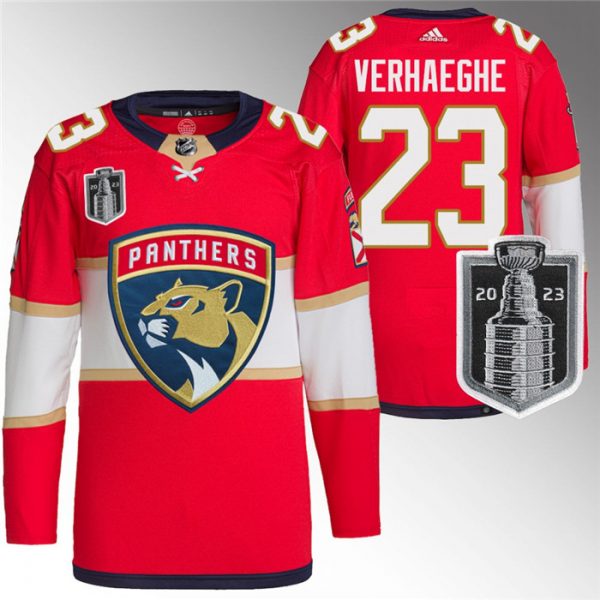 Men Florida Panthers #23 Carter Verhaeghe Red 2023 Stanley Cup Final Stitched Jersey