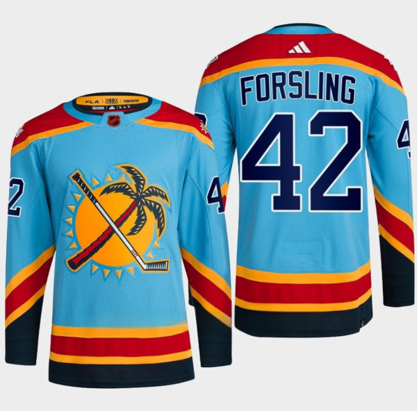 Men Florida Panthers #42 Gustav Forsling Blue 2022-23 Reverse Retro Stitched Jersey