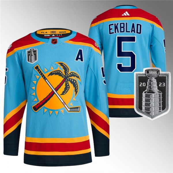 Men Florida Panthers #5 Aaron Ekblad Blue 2023 Stanley Cup Final Reverse Retro Stitched Jersey