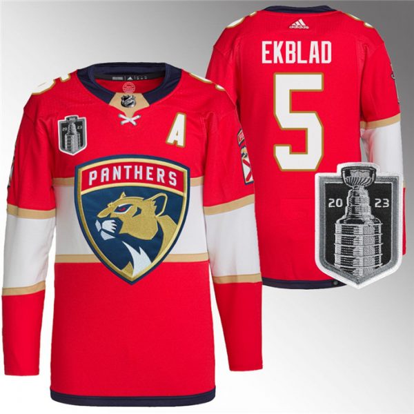 Men Florida Panthers #5 Aaron Ekblad Red 2023 Stanley Cup Final Stitched Jersey