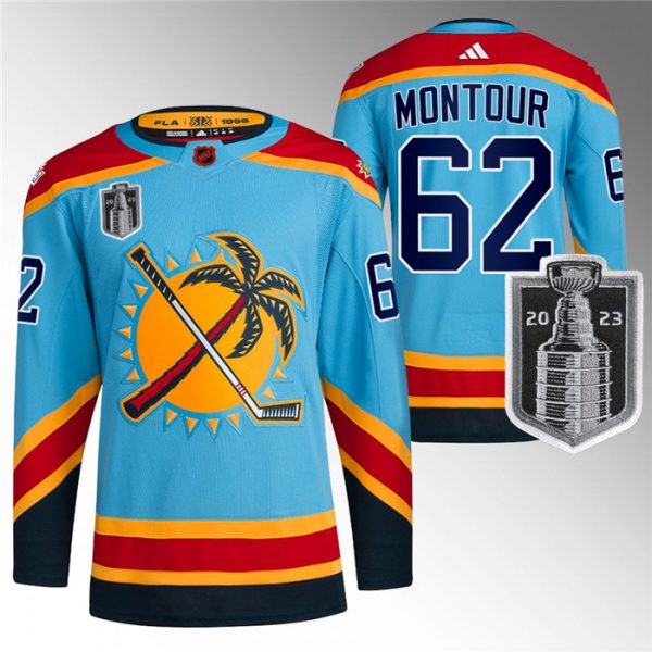 Men Florida Panthers #62 Brandon Montour Blue 2023 Stanley Cup Final Reverse Retro Stitched Jersey