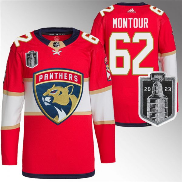 Men Florida Panthers #62 Brandon Montour Red 2023 Stanley Cup Final Stitched Jersey