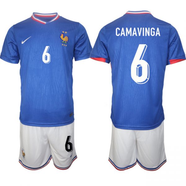 Men France #6 Eduardo Camavinga Blue 2024-25 Home Soccer Jersey Suit