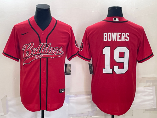 Men Georgia Bulldogs #19 Brock Bowers Red With Patch Cool Base Stitched Baseball Jersey