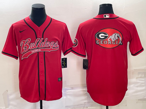 Men Georgia Bulldogs Red Team Big Logo With Patch Cool Base Stitched Baseball Jersey