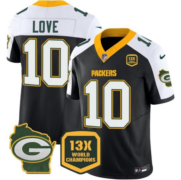 Men Green Bay Packers #10 Jordan Love Black/White 2023 F.U.S.E. Home Patch 13 Time World Champions Vapor Untouchable Limited Stitched Jersey