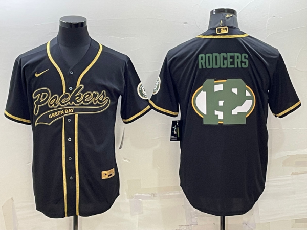 Men Green Bay Packers #12 Aaron Rodgers Black Team Big Logo With Patch Cool Base Stitched Baseball Jersey