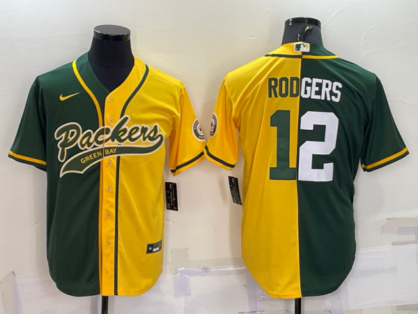 Men Green Bay Packers #12 Aaron Rodgers Green/Yellow Split With Patch Cool Base Stitched Baseball Jersey