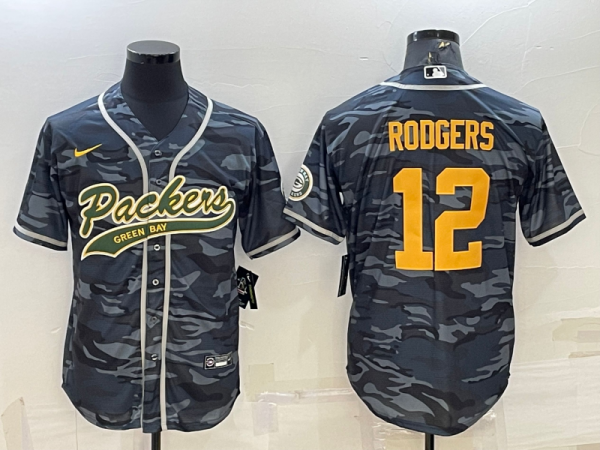 Men Green Bay Packers #12 Aaron Rodgers Grey Gold Camo With Patch Cool Base Stitched Baseball Jersey