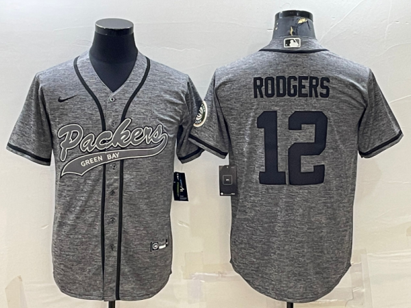 Men Green Bay Packers #12 Aaron Rodgers Grey With Patch Cool Base Stitched Baseball Jersey