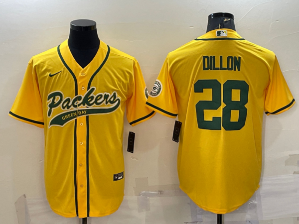 Men Green Bay Packers #28 A.J. Dillon Gold With Patch Cool Base Stitched Baseball Jersey