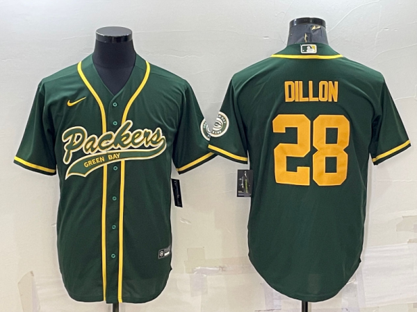 Men Green Bay Packers #28 A.J. Dillon Green Gold With Patch Cool Base Stitched Baseball Jersey