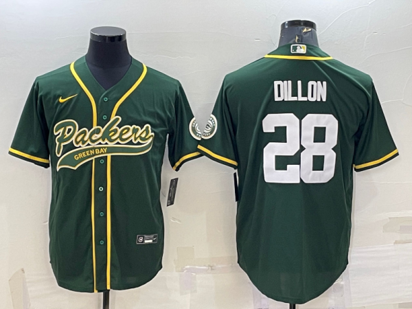 Men Green Bay Packers #28 A.J. Dillon Green With Patch Cool Base Stitched Baseball Jersey