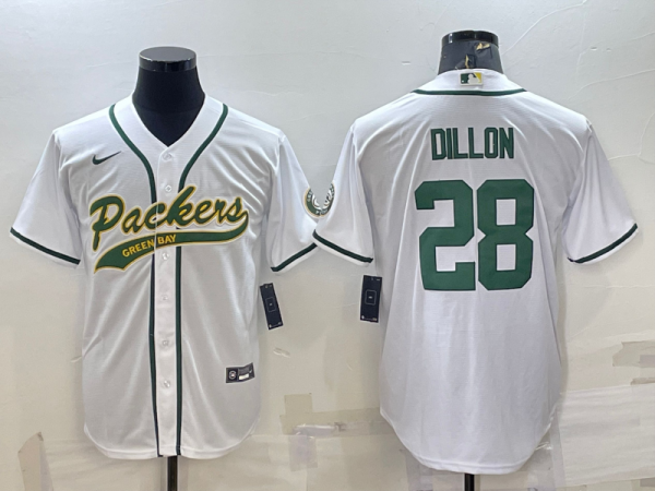 Men Green Bay Packers #28 A.J. Dillon White With Patch Cool Base Stitched Baseball Jersey