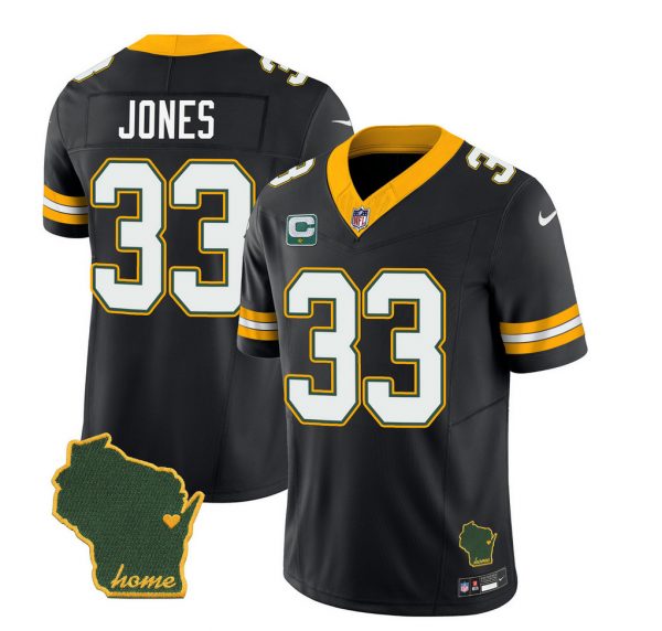 Men Green Bay Packers #33 Aaron Jones Black 2023 F.U.S.E. Home Patch And 1-Star C Patch Vapor Untouchable Limited Stitched Jersey